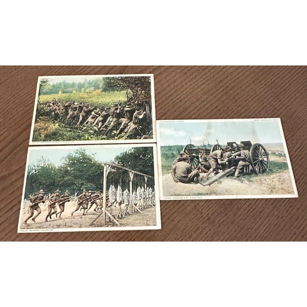 Set‎ of 3 WW1 WWI Soldiers with Rifles Cannons Platoon Postcards UNUSED
